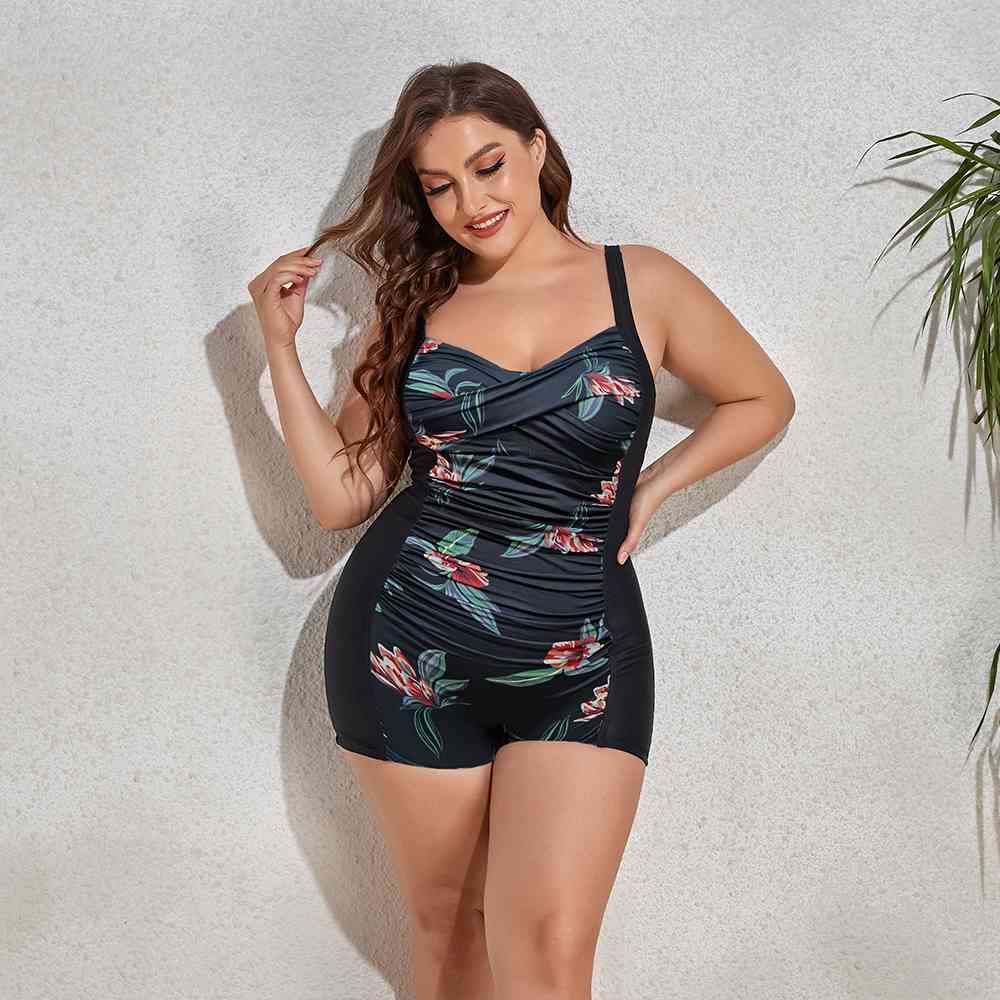 Plus Size Printed Sleeveless Swim Romper