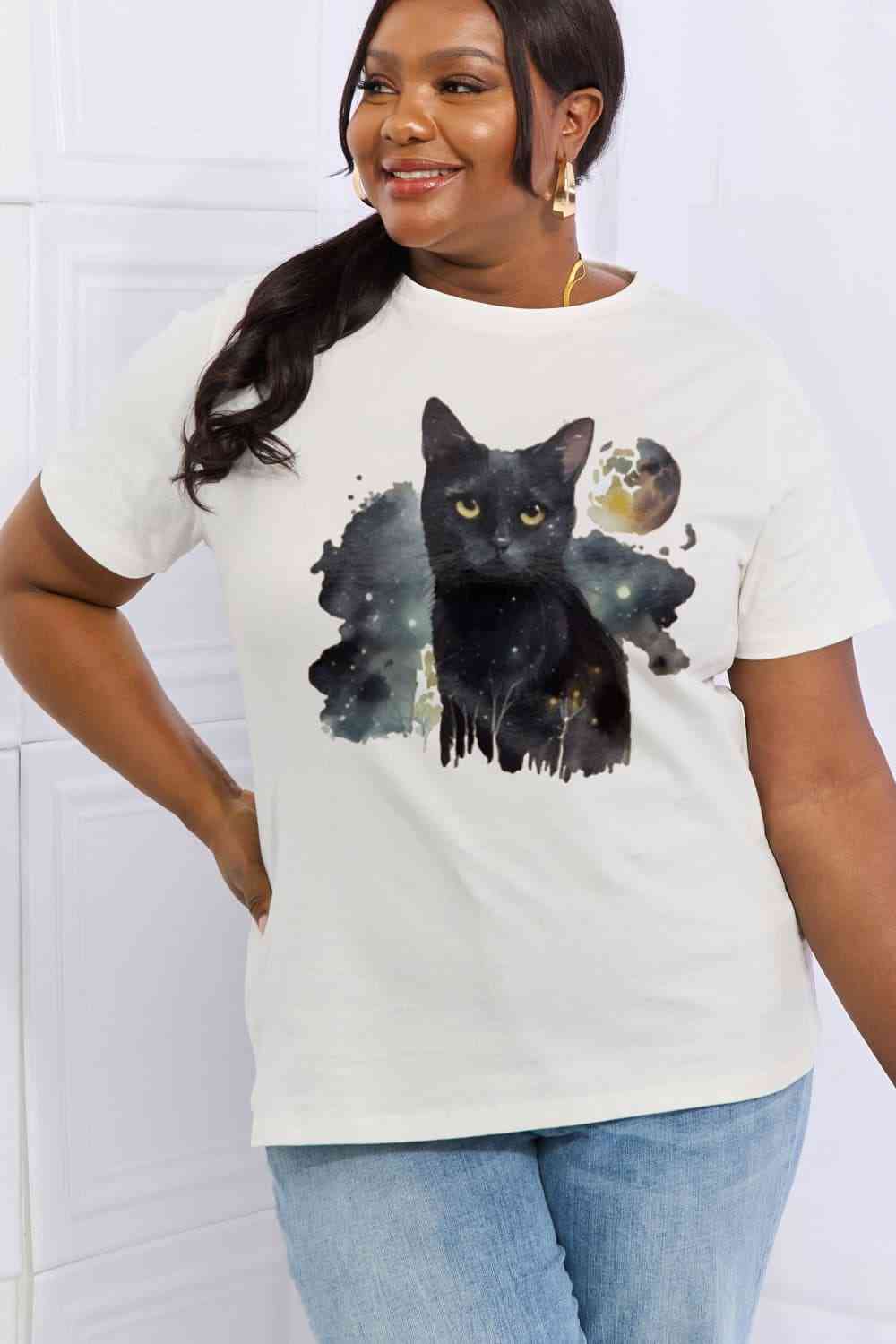 Simply Love Full Size Black Cat Graphic Cotton Tee