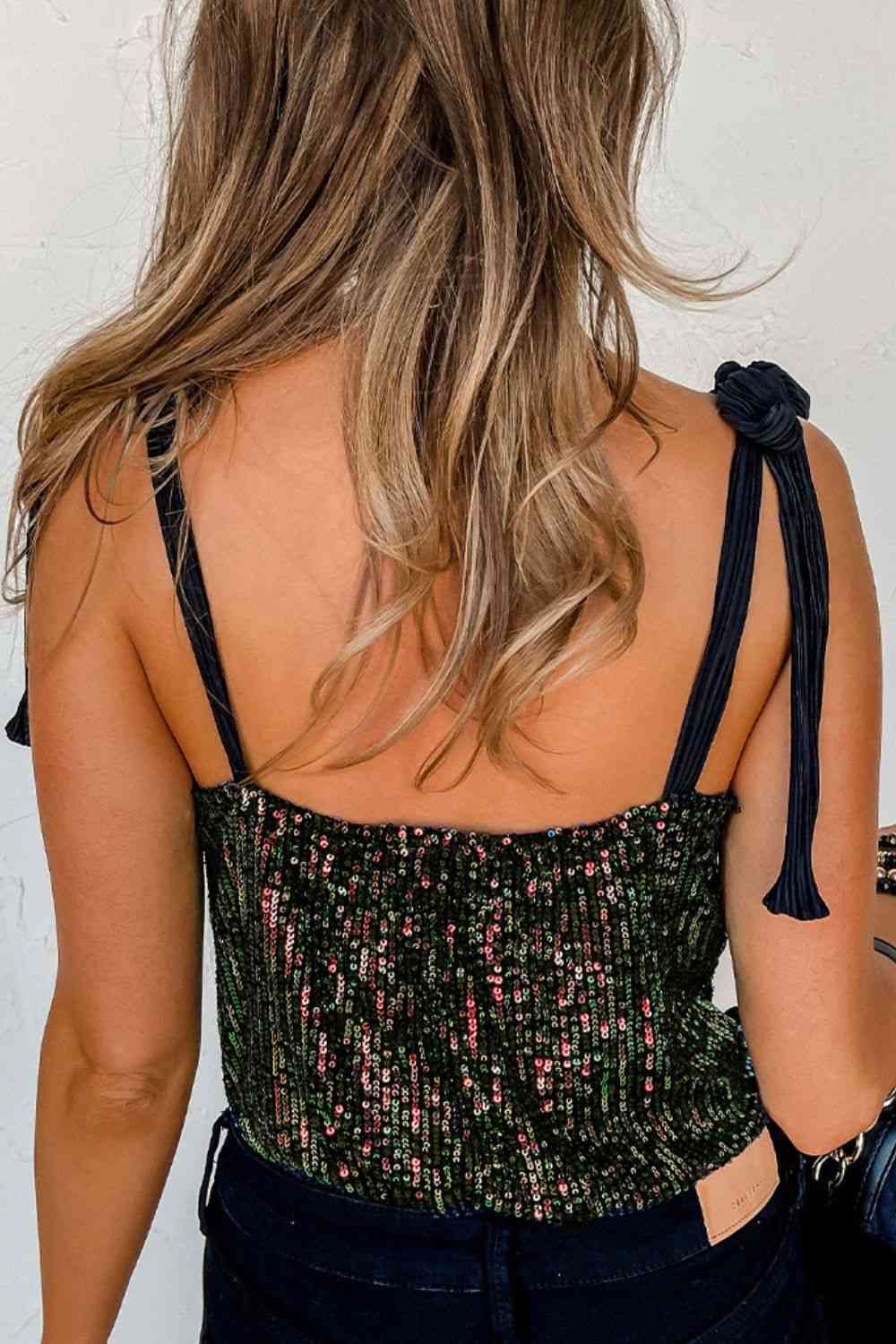 Sequin V-Neck Tie Shoulder Bodysuit