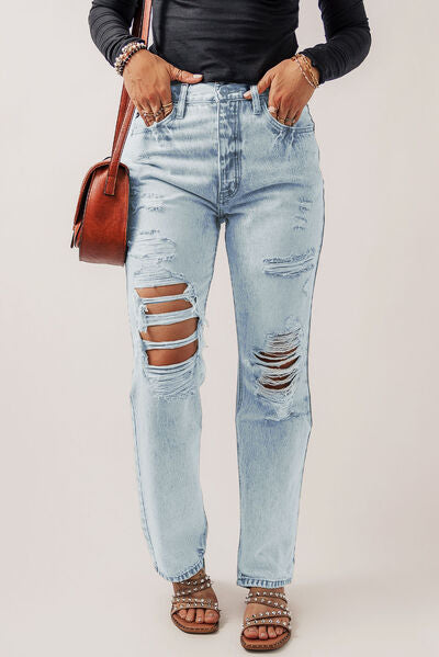 Distressed Buttoned Jeans with Pockets