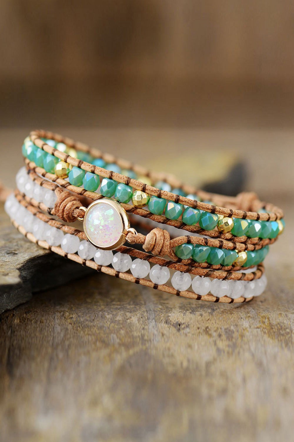 Crystal & Opal Triple-Layered Beaded Bracelet