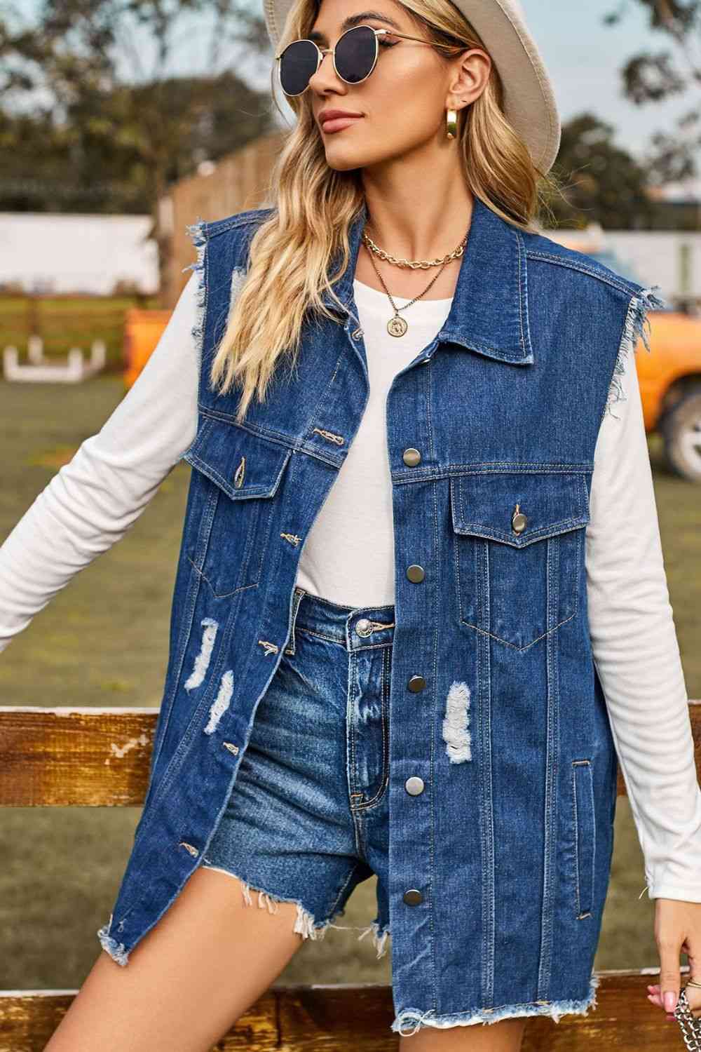 Sleeveless Button-Up Collared Denim Top with Pockets