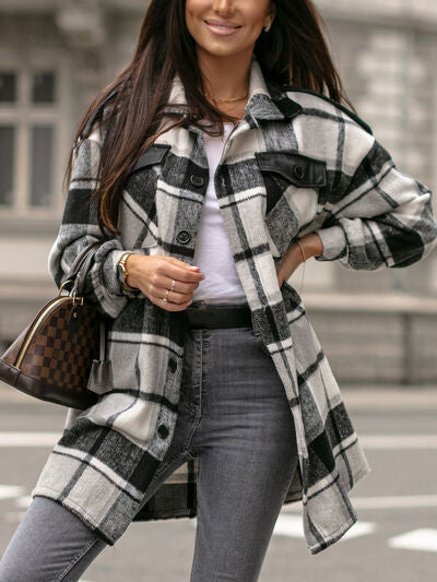 Pocketed Plaid Button Up Dropped Shoulder Shacket