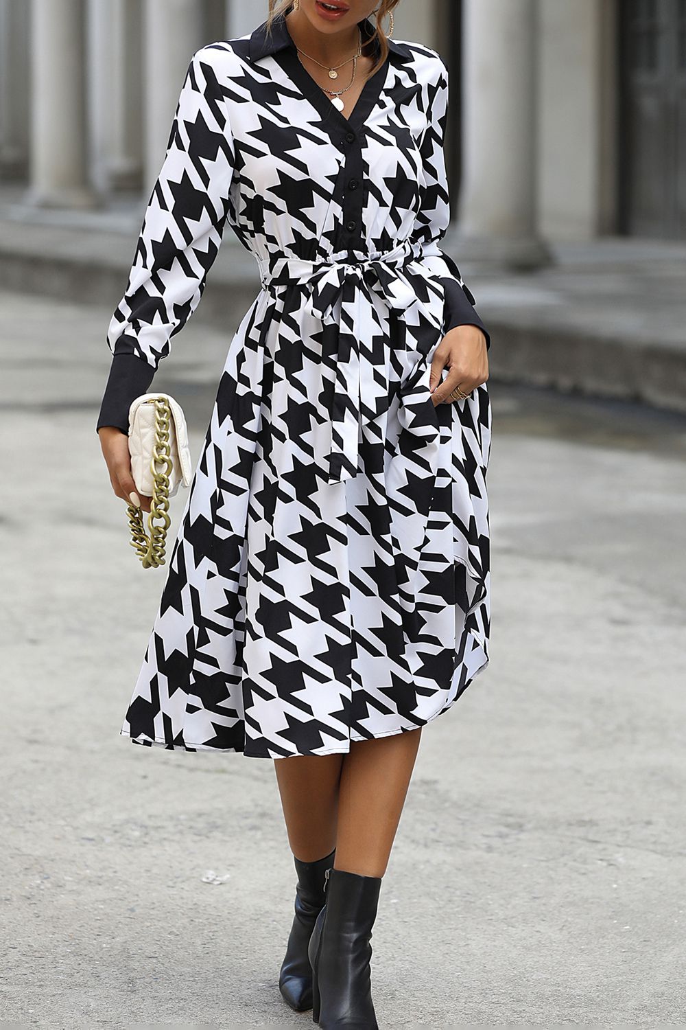 Houndstooth Johnny Collar Tie Waist Dress