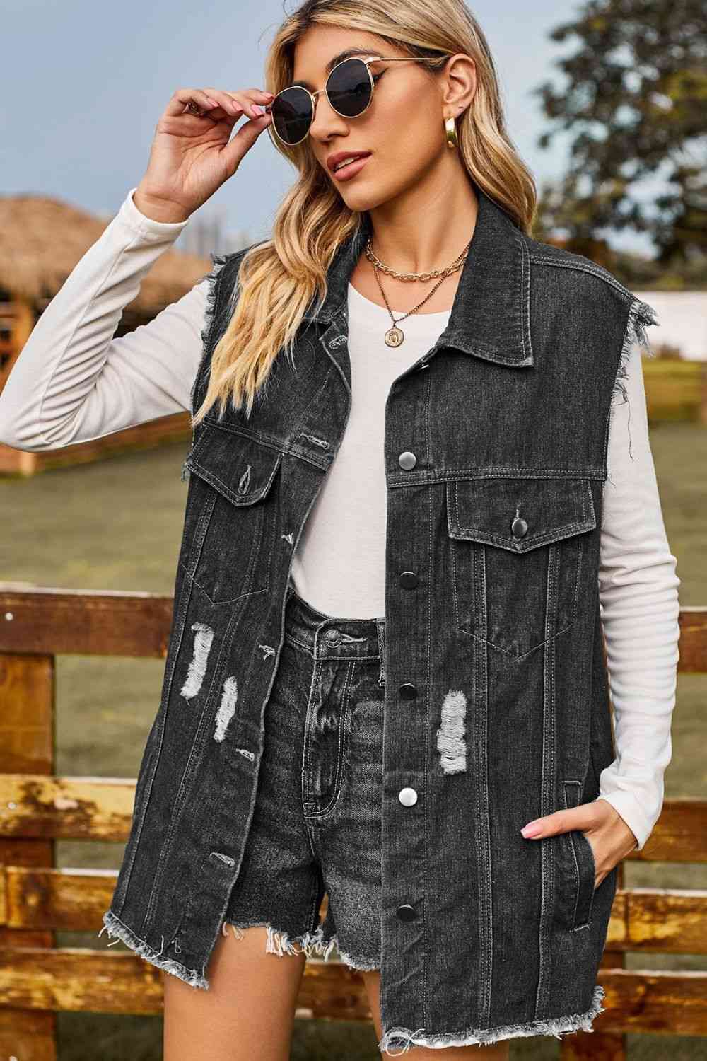 Sleeveless Button-Up Collared Denim Top with Pockets