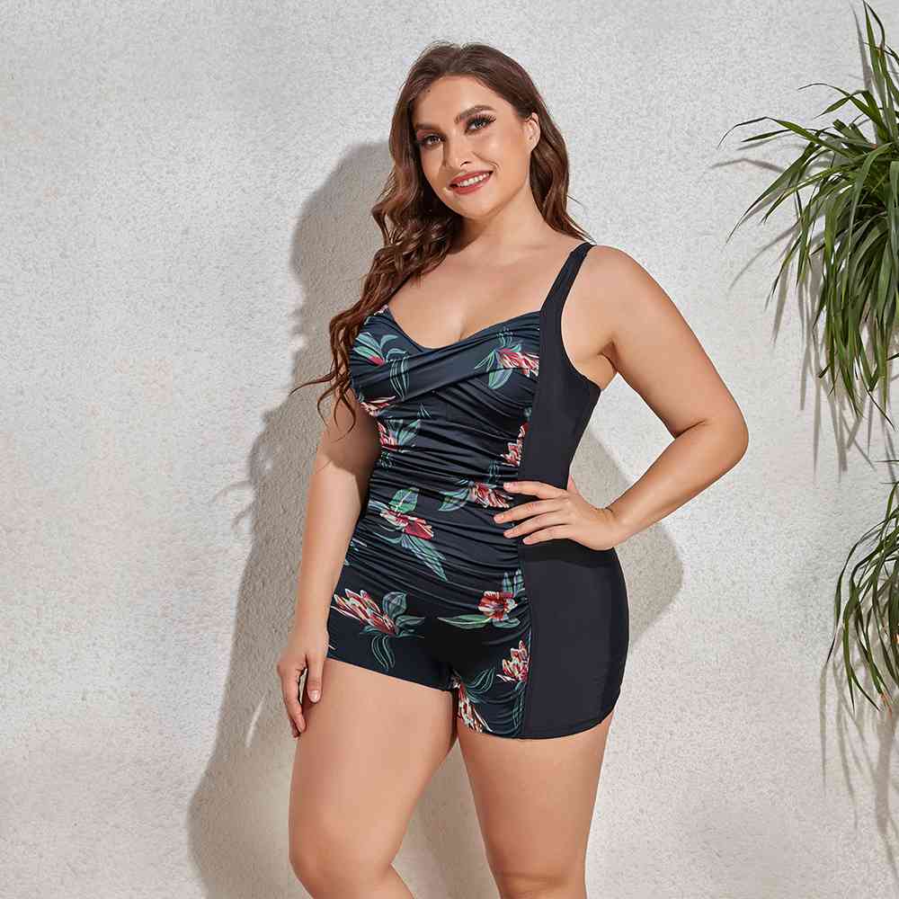 Plus Size Printed Sleeveless Swim Romper